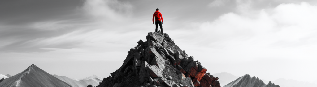 A man standing at the summit of a mountain representing a victorious life