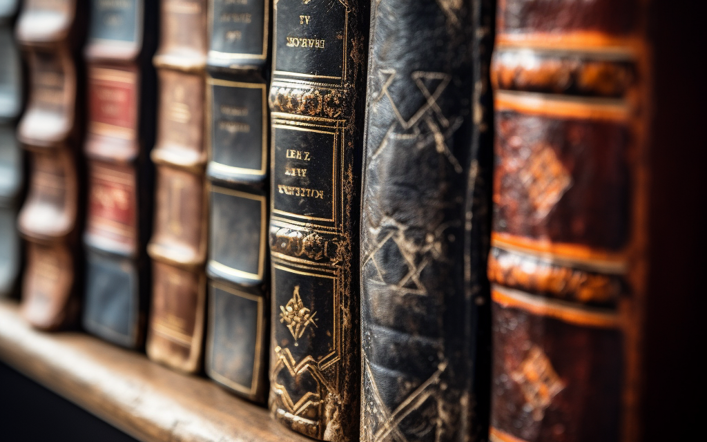 A row of old hardback books on a shelf focusing on their spline representing volumes of truth and it's principles.