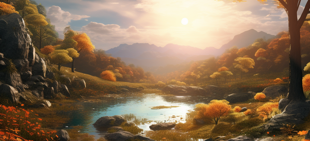 Image of nature with a distant mountain range, a bright day with the sun above the skyline, pond early autumn trees representing thankfulness