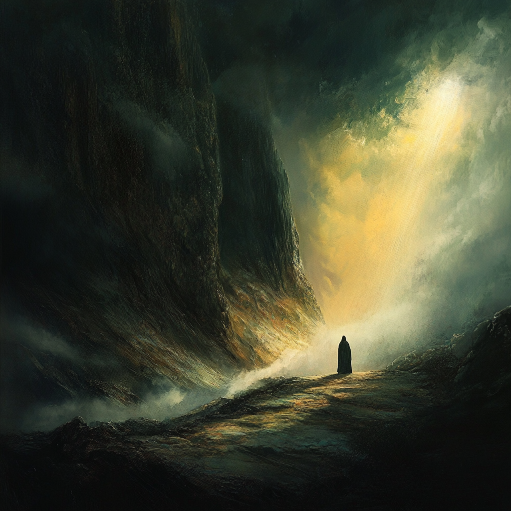 An image of a small silhouette of a man in a hooded robe walking along a path through a valley with steep side toward where the valley ends and light is streaming in representing our faith and healing journeys.