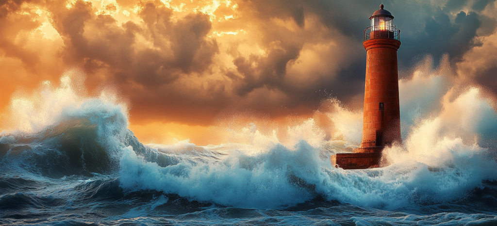 An image of a lighthouse with waves crashing around it to represent trusting God with all our heart despite the unpredictability of life.