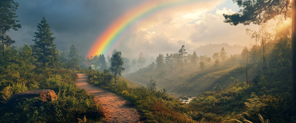 Image featuring a path winding through a lush forest with a rainbow arching across a cloudy sky in the background symbolizing the journey from lamentation and god's disciplines to restoration through God's grace.