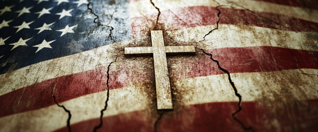 A faded American flag with cracks running through it. In the center, a cross stands firm, radiating light and hope as a reminder that the nature of true freedom is in God.