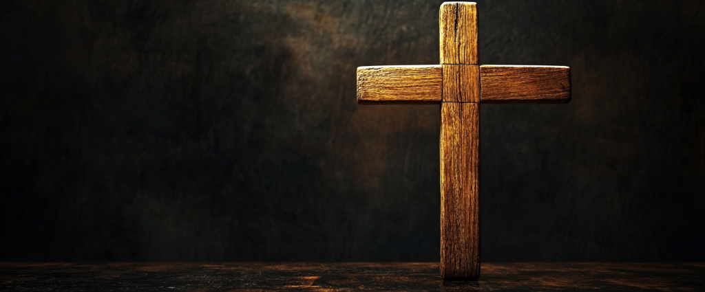 An image of a wooden cross highlighted by a light from above against a dark background representing the fulfillment of God's Promise of Salvation Through Christ.