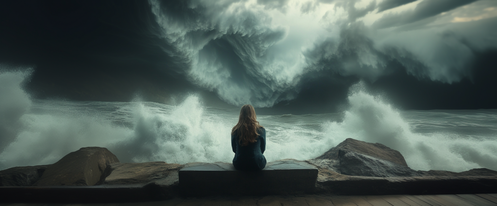 A woman sits on the edge of an ocean pier, facing away from the camera, watching as large waves crash against the rocks in front of her. The sky is dark and ominous, filled with swirling clouds that add to its sense of chaos. The scene conveys both awe and fear as she finds peace in troubling times.