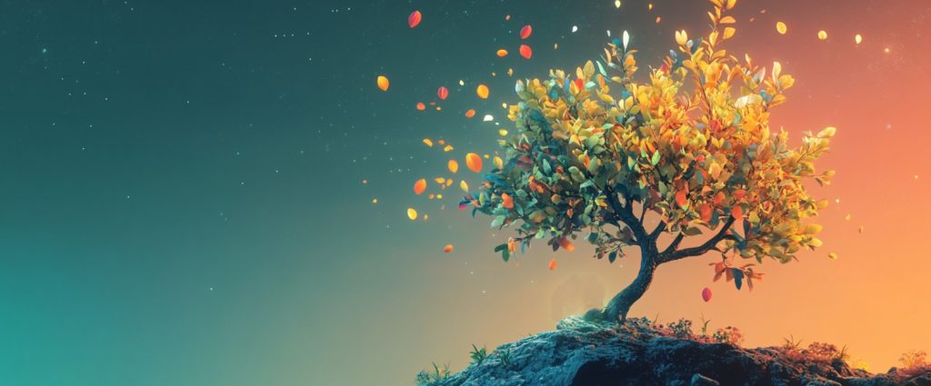 A visual representation of a small seed sprouting and growing into a vibrant tree, representing the poem’s message that "God’s seed is freed" and is alive in spiritual growth and eternal life.