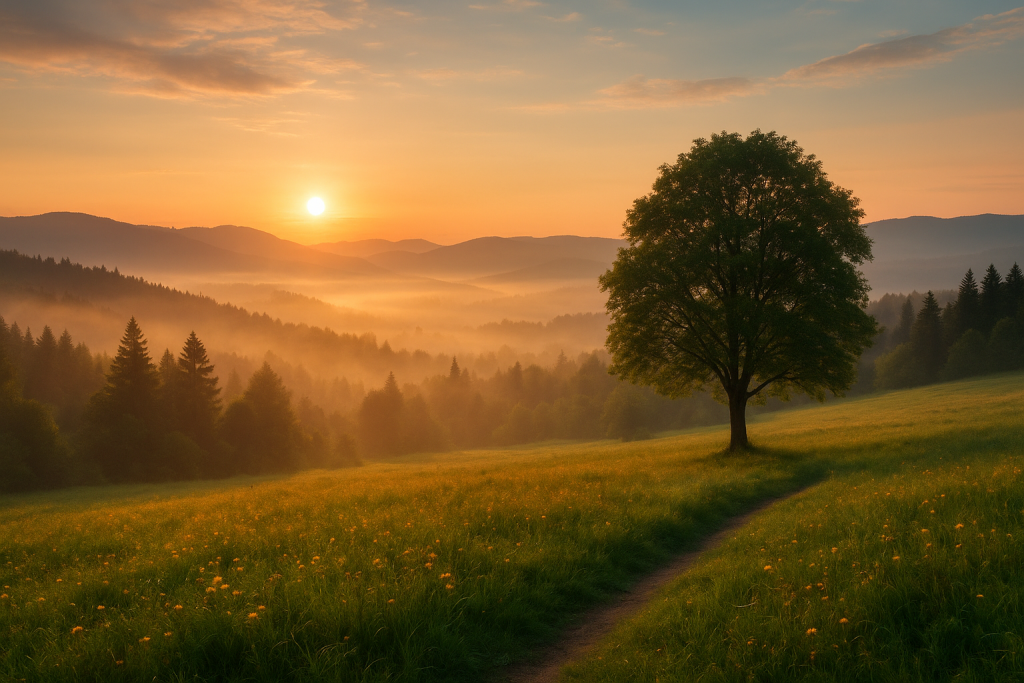 Nature sunrise landscape with a large tree and misty mountains, representing a story of life change from restlessness to spiritual peace.